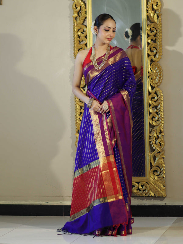 Banarasee Handloom Semi Silk Saree With Stripe Pattern & Contrast Border-Violet & Red