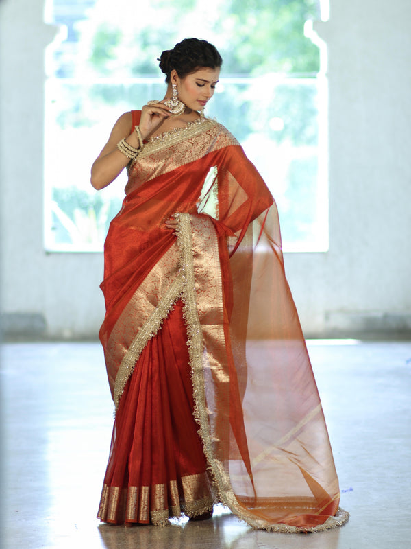 Banarasee Handwoven Plain Tissue Saree With Zari Border & Lace-Orange