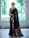 Banarasee Cotton Silk Plain Saree With Floral Zari Border-Black