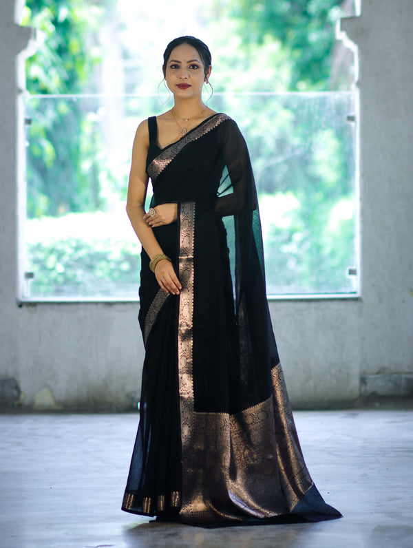 Banarasee Cotton Silk Plain Saree With Floral Zari Border-Black