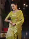 Banarasee Handwoven Semi Silk Saree With Gold Zari & Resham Jaal Design-Olive Green