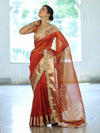 Banarasee Handwoven Plain Tissue Saree With Zari Border & Lace-Orange