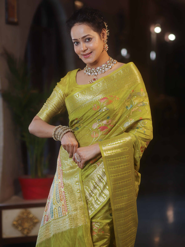 Banarasee Handwoven Semi Silk Saree With Gold Zari & Resham Jaal Design-Olive Green