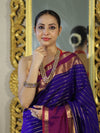 Banarasee Handloom Semi Silk Saree With Stripe Pattern & Contrast Border-Violet & Red