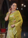 Banarasee Handwoven Semi Silk Saree With Gold Zari & Resham Jaal Design-Olive Green