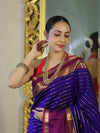 Banarasee Handloom Semi Silk Saree With Stripe Pattern & Contrast Border-Violet & Red