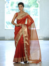 Banarasee Handwoven Plain Tissue Saree With Zari Border & Lace-Orange