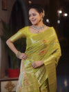 Banarasee Handwoven Semi Silk Saree With Gold Zari & Resham Jaal Design-Olive Green