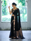Banarasee Cotton Silk Plain Saree With Floral Zari Border-Black