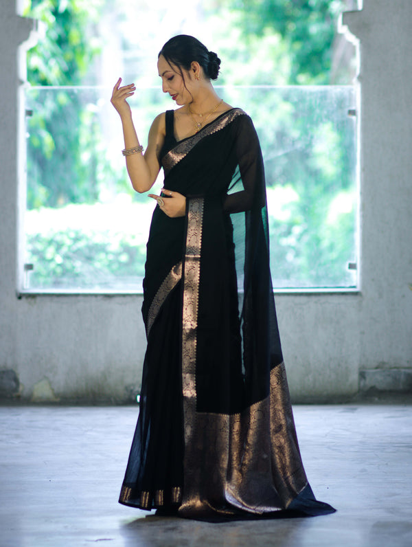 Banarasee Cotton Silk Plain Saree With Floral Zari Border-Black
