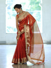 Banarasee Handwoven Plain Tissue Saree With Zari Border & Lace-Orange