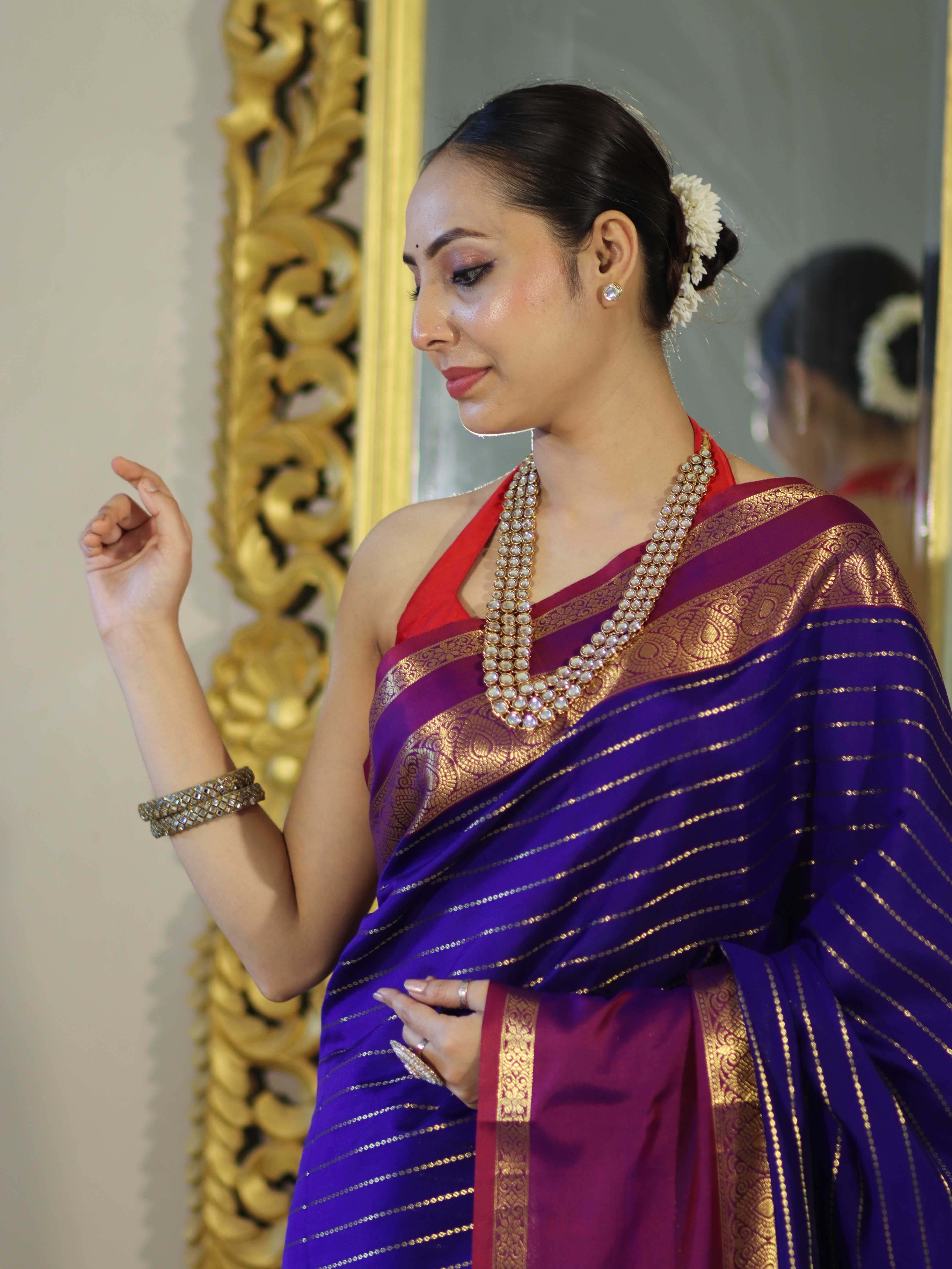 Banarasee Handloom Semi Silk Saree With Stripe Pattern & Contrast Border-Violet & Red