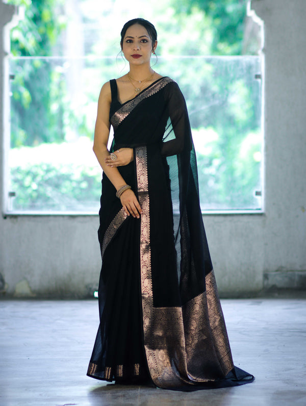 Banarasee Cotton Silk Plain Saree With Floral Zari Border-Black