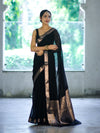 Banarasee Cotton Silk Plain Saree With Floral Zari Border-Black