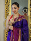Banarasee Handloom Semi Silk Saree With Stripe Pattern & Contrast Border-Violet & Red