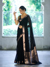 Banarasee Cotton Silk Plain Saree With Floral Zari Border-Black