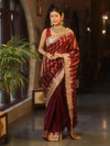 Banarasee Handwoven Semi Silk Saree With Zari Design & Lace-Maroon