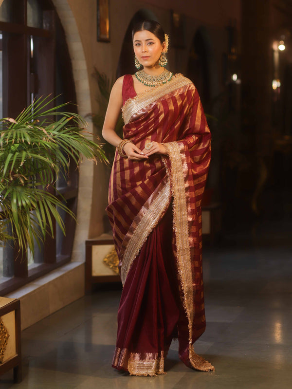 Banarasee Handwoven Semi Silk Saree With Zari Design & Lace-Maroon