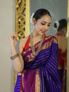 Banarasee Handloom Semi Silk Saree With Stripe Pattern & Contrast Border-Violet & Red