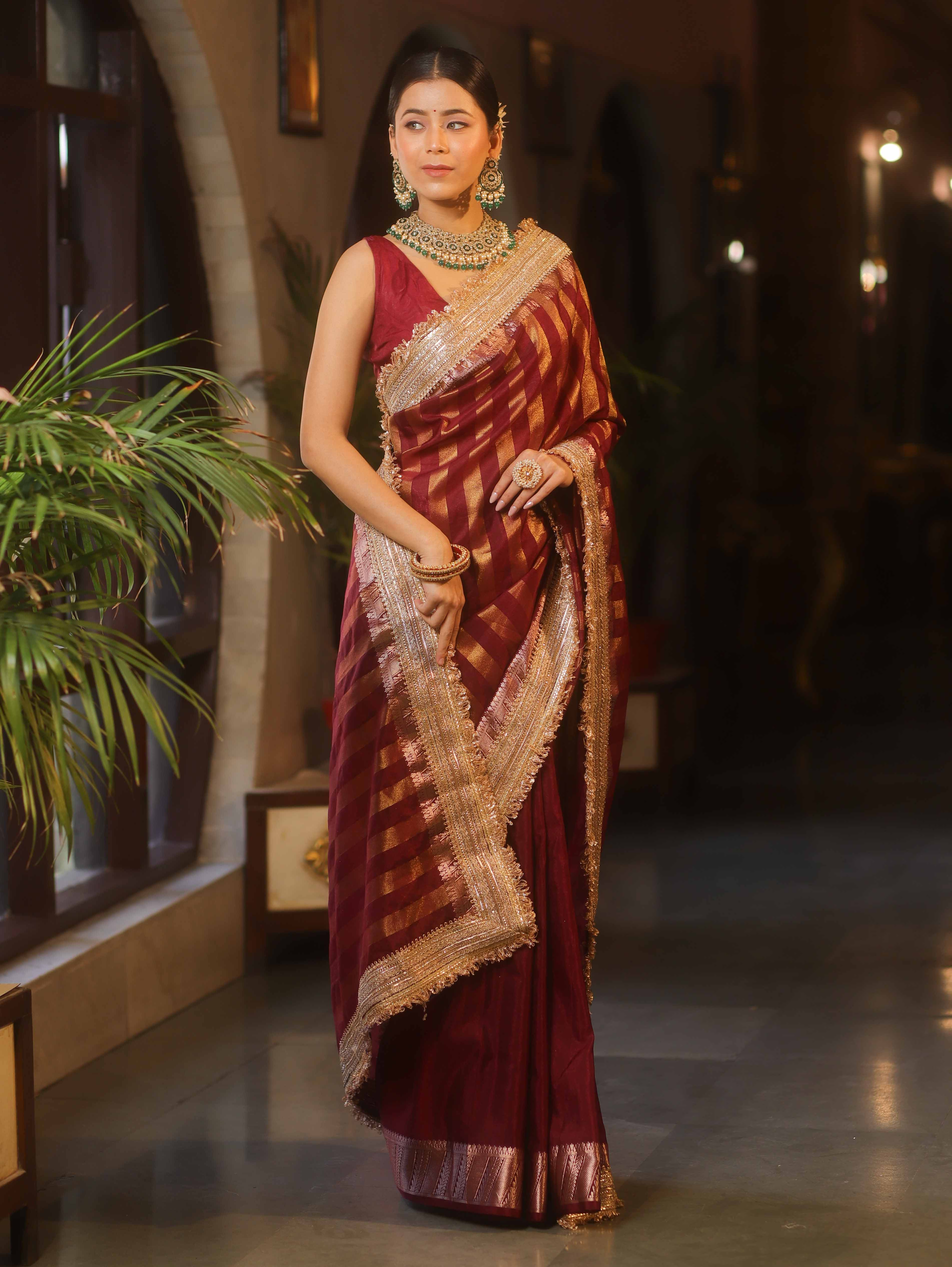Banarasee Handwoven Semi Silk Saree With Zari Design & Lace-Maroon