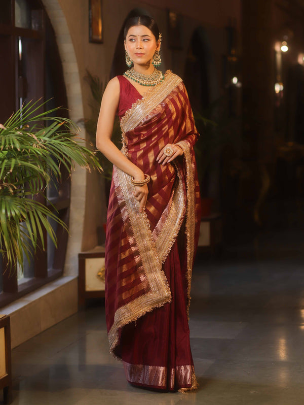 Banarasee Handwoven Semi Silk Saree With Zari Design & Lace-Maroon