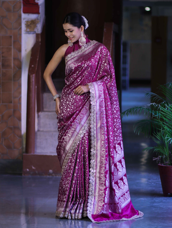 Banarasee Handloom Mashru Silk Saree With Heavy Zari Jaal & Lace Border-Magenta