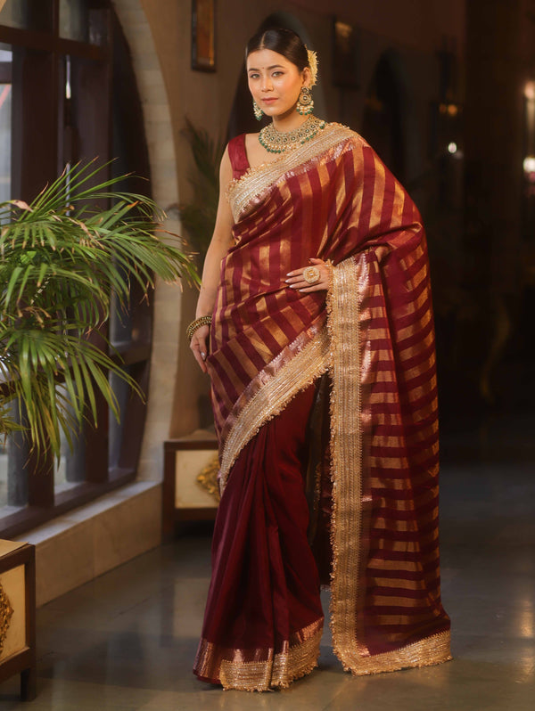 Banarasee Handwoven Semi Silk Saree With Zari Design & Lace-Maroon