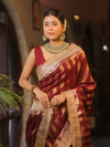 Banarasee Handwoven Semi Silk Saree With Zari Design & Lace-Maroon