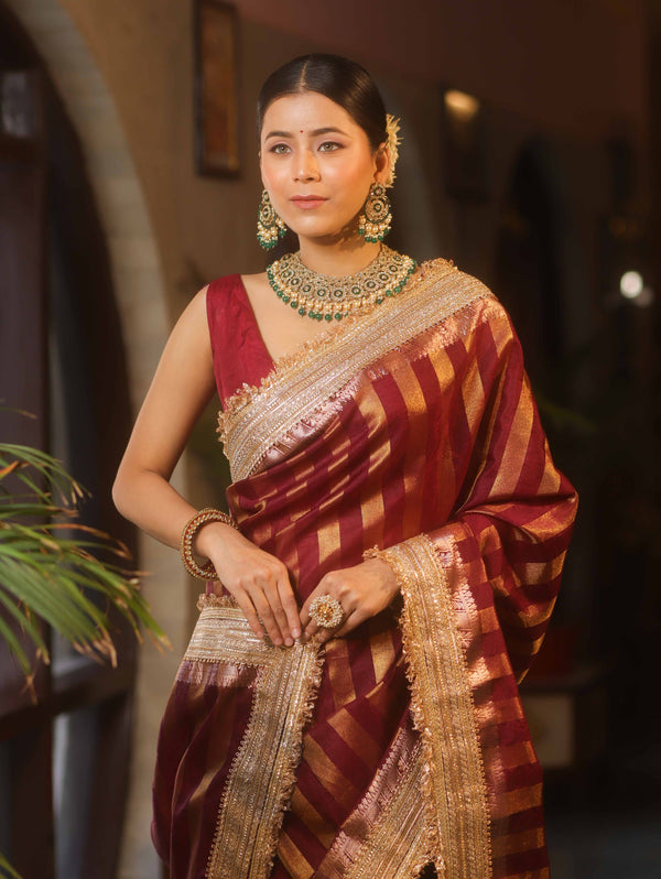Banarasee Handwoven Semi Silk Saree With Zari Design & Lace-Maroon
