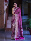 Banarasee Handloom Mashru Silk Saree With Heavy Zari Jaal & Lace Border-Magenta