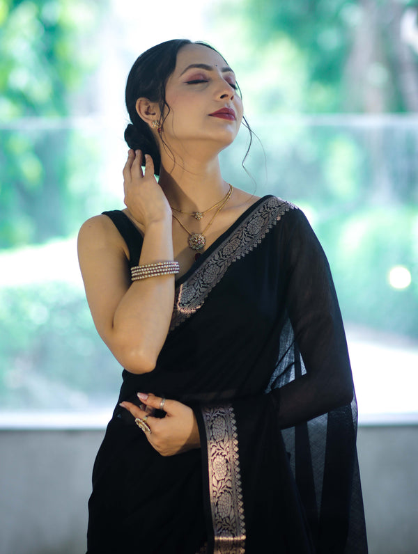 Banarasee Cotton Silk Plain Saree With Floral Zari Border-Black