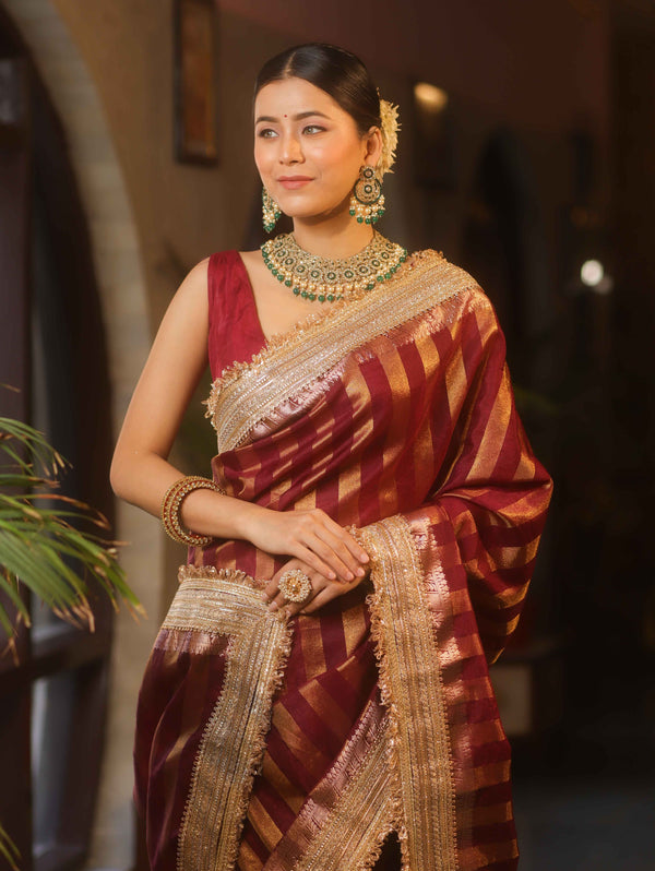 Banarasee Handwoven Semi Silk Saree With Zari Design & Lace-Maroon