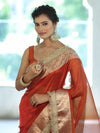 Banarasee Handwoven Plain Tissue Saree With Zari Border & Lace-Orange
