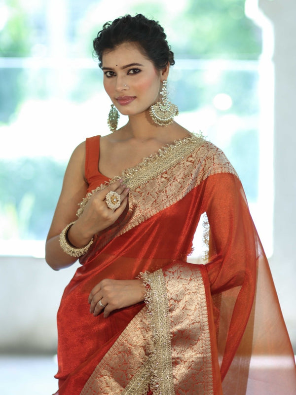 Banarasee Handwoven Plain Tissue Saree With Zari Border & Lace-Orange
