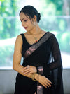 Banarasee Cotton Silk Plain Saree With Floral Zari Border-Black