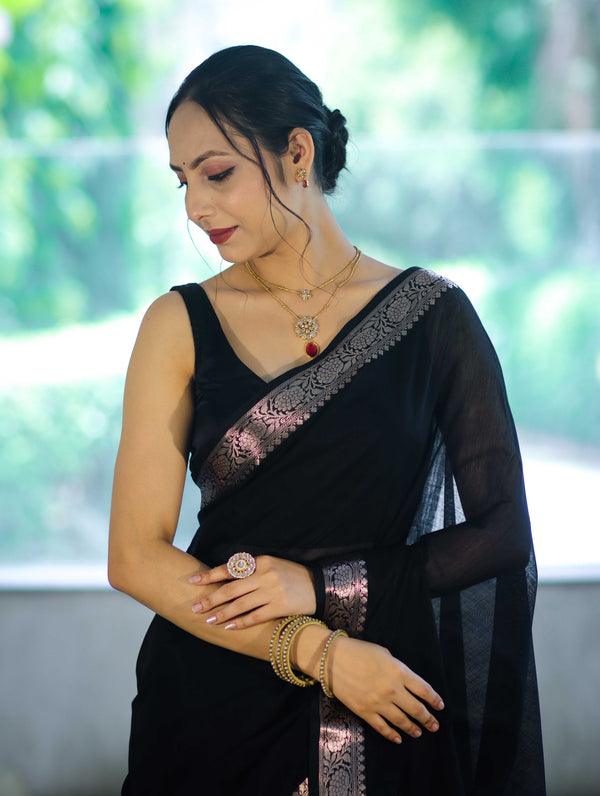 Banarasee Cotton Silk Plain Saree With Floral Zari Border-Black