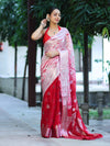 Banarasee Handwoven Semi-Chiffon Hand Dyed Saree With Zari Work-Red & White