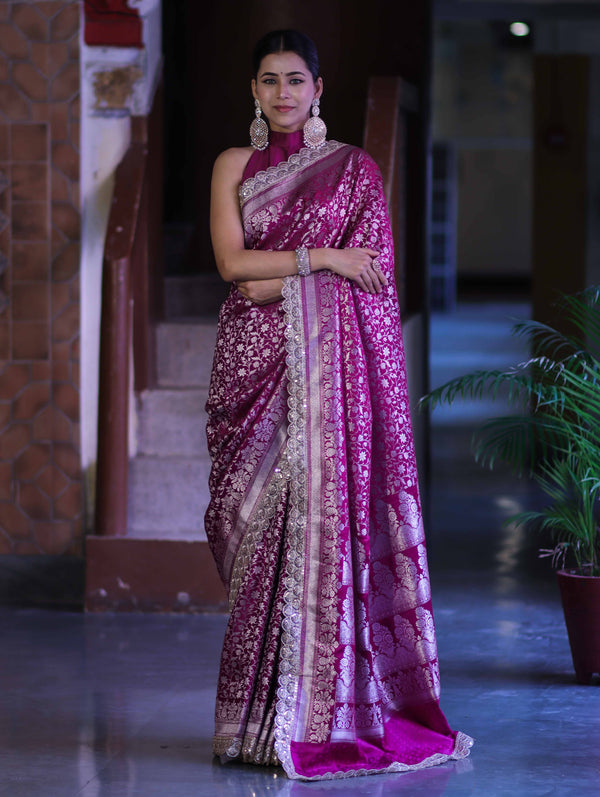 Banarasee Handloom Mashru Silk Saree With Heavy Zari Jaal & Lace Border-Magenta
