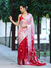 Banarasee Handwoven Semi-Chiffon Hand Dyed Saree With Zari Work-Red & White