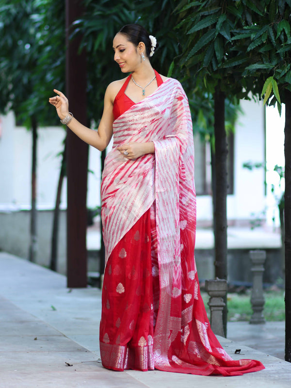 Banarasee Handwoven Semi-Chiffon Hand Dyed Saree With Zari Work-Red & White