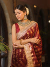 Banarasee Handwoven Semi Silk Saree With Zari Design & Lace-Maroon