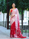 Banarasee Handwoven Semi-Chiffon Hand Dyed Saree With Zari Work-Red & White
