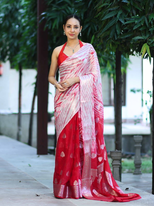 Banarasee Handwoven Semi-Chiffon Hand Dyed Saree With Zari Work-Red & White