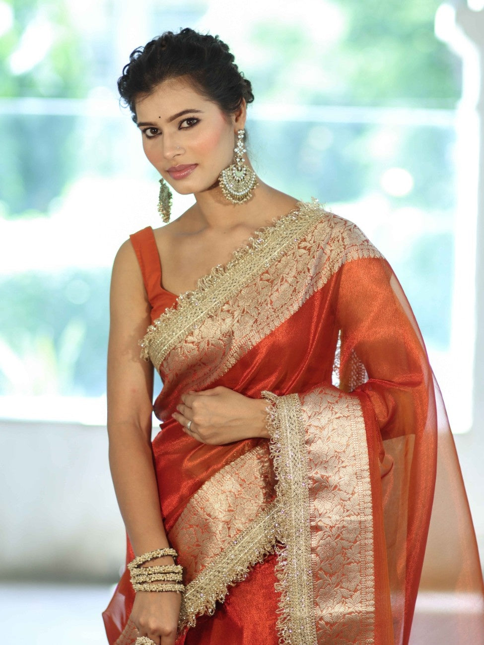 Banarasee Handwoven Plain Tissue Saree With Zari Border & Lace-Orange