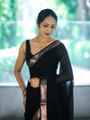 Banarasee Cotton Silk Plain Saree With Floral Zari Border-Black