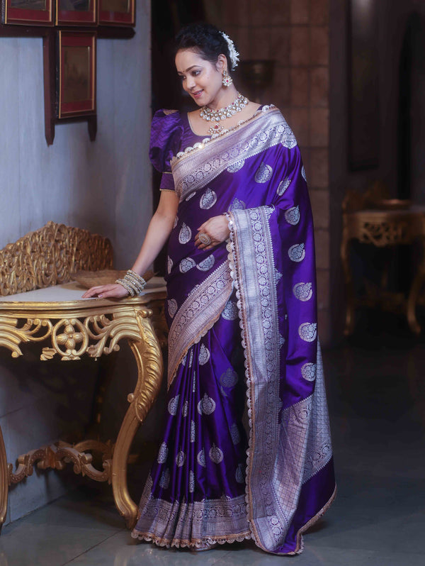 Banarasee Handloom Mashru Silk Saree Zari Buta & Border With Lace-Violet