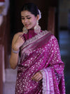 Banarasee Handloom Mashru Silk Saree With Heavy Zari Jaal & Lace Border-Magenta