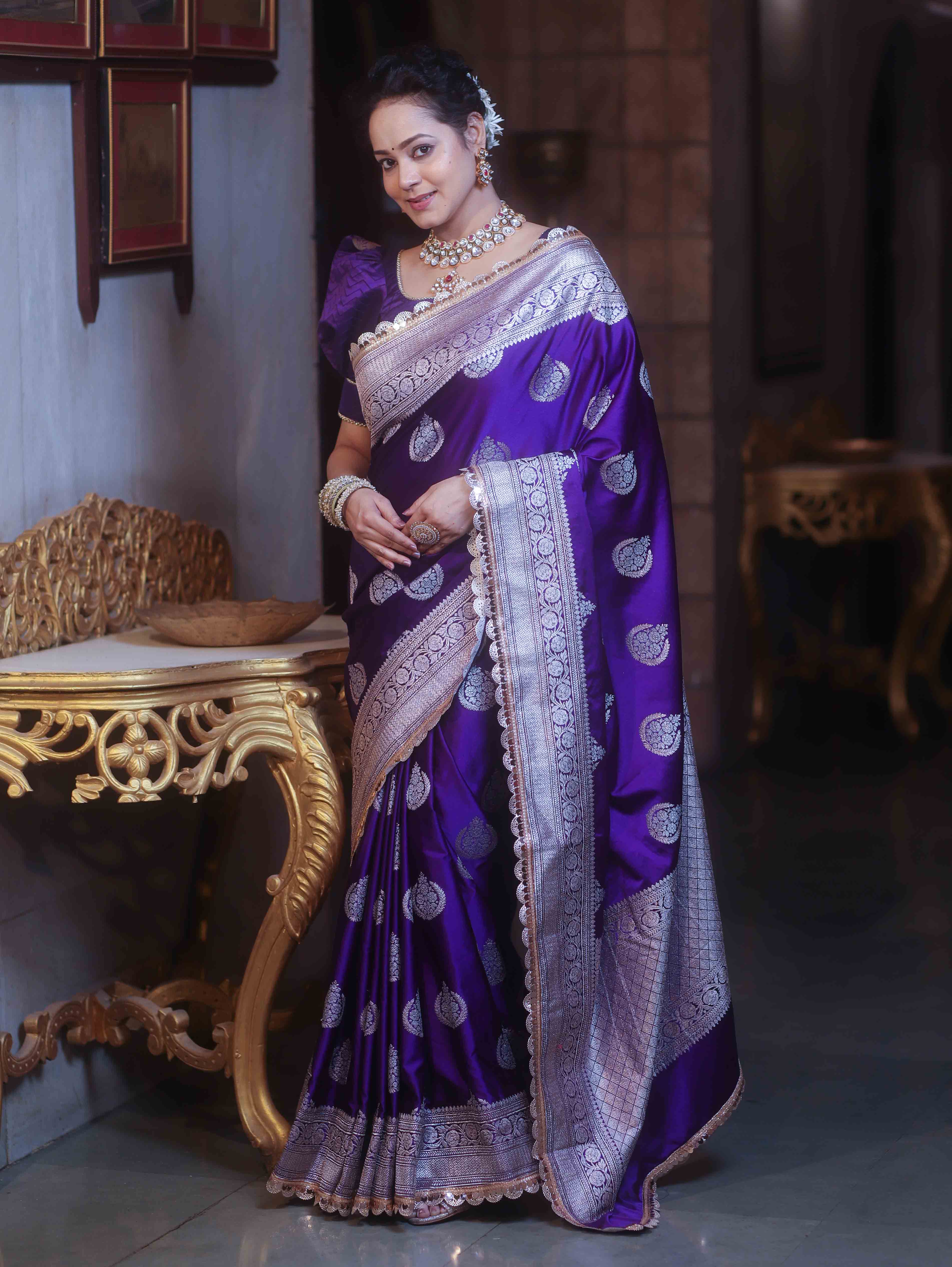 Banarasee Handloom Mashru Silk Saree Zari Buta & Border With Lace-Violet