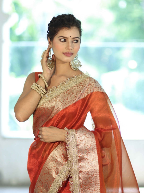 Banarasee Handwoven Plain Tissue Saree With Zari Border & Lace-Orange