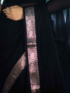Banarasee Cotton Silk Plain Saree With Floral Zari Border-Black